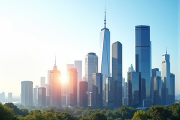 Obraz premium A futuristic city skyline with skyscrapers covered in integrated solar panels