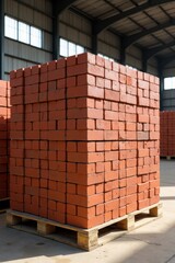 Fototapeta premium Stack of red bricks in a warehouse