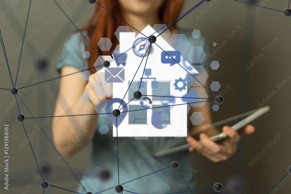 Poster home data. Digital cyberspace with particles and Digital data network connections concept.