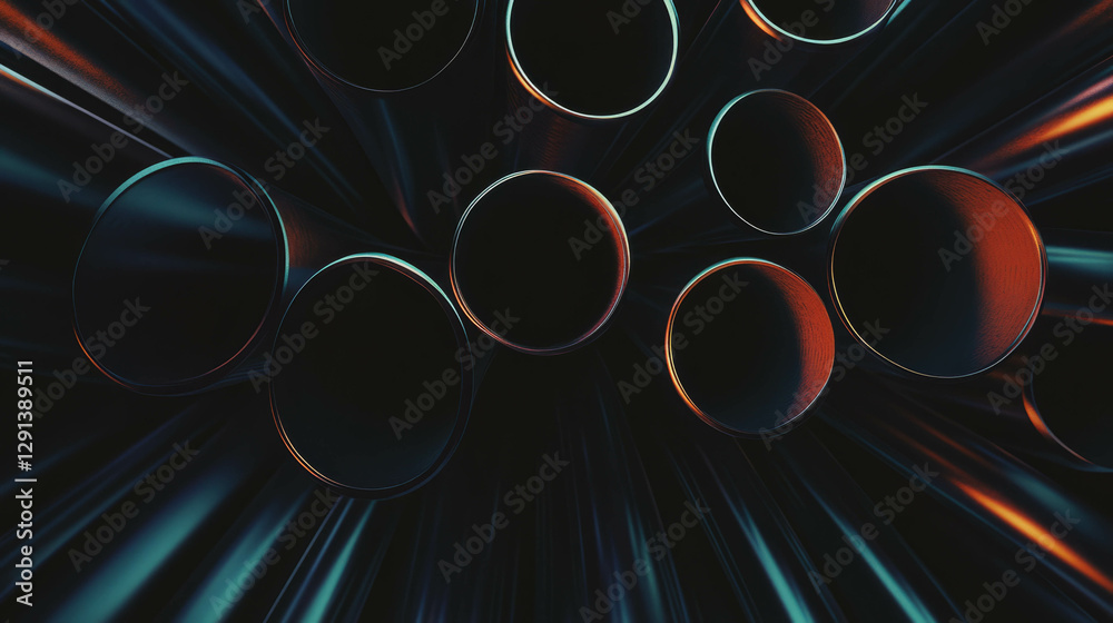 Poster Abstract industrial background with varied diameter pipes in dynamic pattern