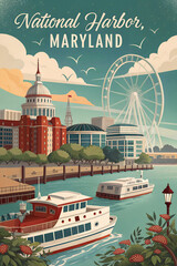 National Harbor Maryland Retro Poster Illustration for Travel Decor