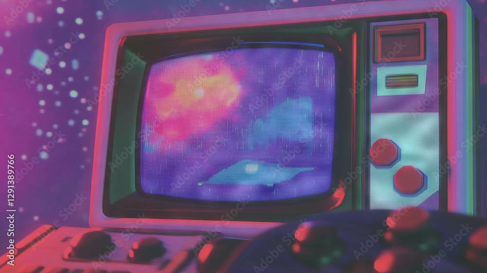 Poster retro video game console with pixel art texture and vintage aesthetic