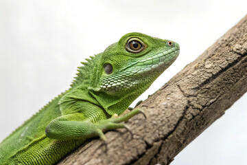 Obraz premium Vibrant Green Lizard Resting on Tree Branch on white Background