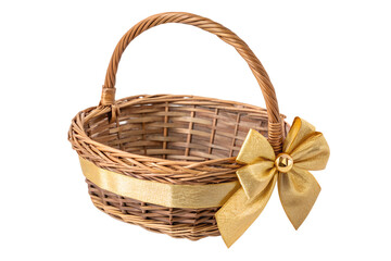 Empty wicker basket with a decorative golden bow on a white background