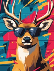 A stylish deer wearing sunglasses against a vibrant, colorful backdrop, showcasing a modern and artistic flair.
