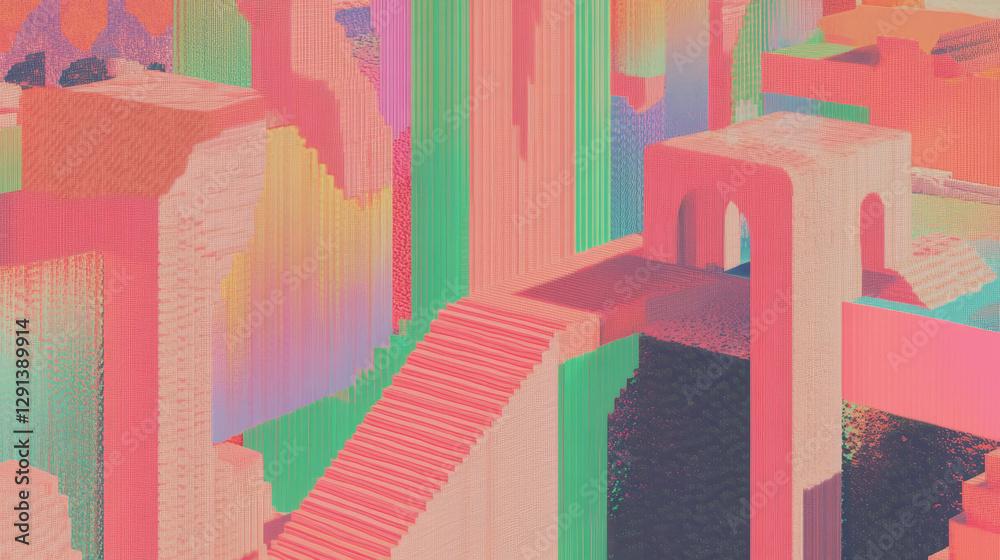 Aufkleber Vibrant isometric pixel art background with geometric structures for digital design