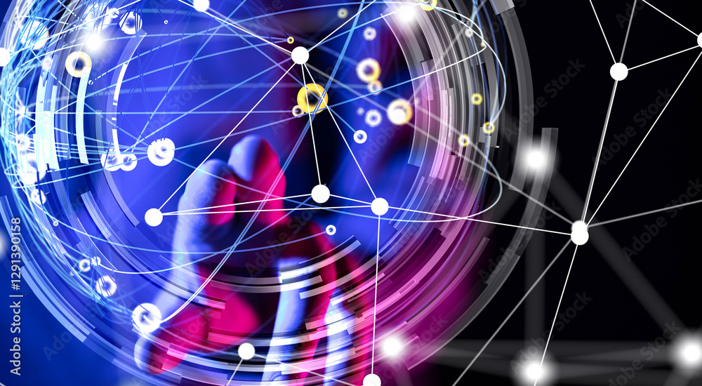 Poster Global network. Blockchain. 3D illustration. Neural networks and artificial intelligence. Abstract