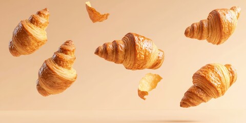 Floating golden croissants with flaky layers breaking apart on a soft Parisian beige background 3D background minimalistic mockup with space for text
