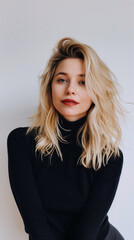 Naklejka premium Young woman in black turtleneck, blonde hair, confident gaze.