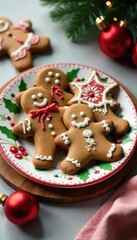 Gingerbread cookies on a holiday-themed plate, baked goods, decorated