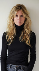 Middle-aged blonde woman in black turtleneck, confident, natural backdrop.