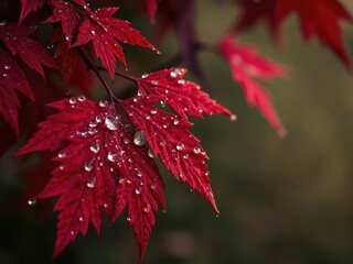 Dew drops cling to the surface of red maple leaves, creating a thousand tiny diamonds that sparkle in the fading light, dewy leaves, earthy tones, forest scenery