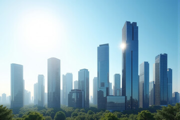 Fototapeta premium A futuristic city skyline with skyscrapers covered in integrated solar panels