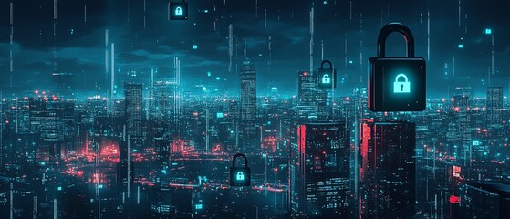 Fototapeta premium Cyberpunkinspired cityscape with black padlocks scattered across digital elements of the skyline