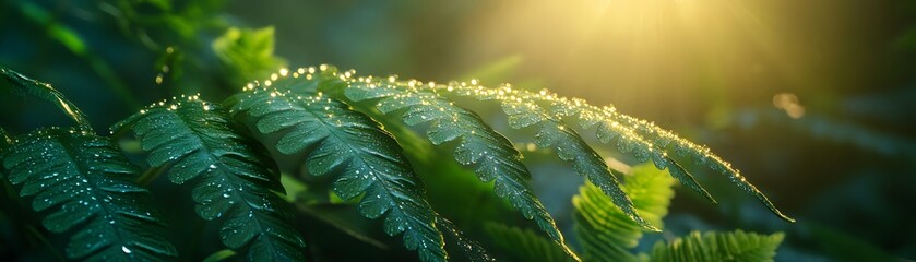 Flora growth conservation in nature closeup of fern leaves morning dew lush environment macro viewpoint