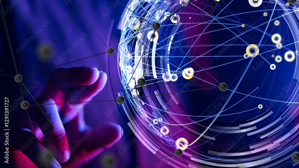 Poster Global network. Blockchain. 3D illustration. Neural networks and artificial intelligence. Abstract