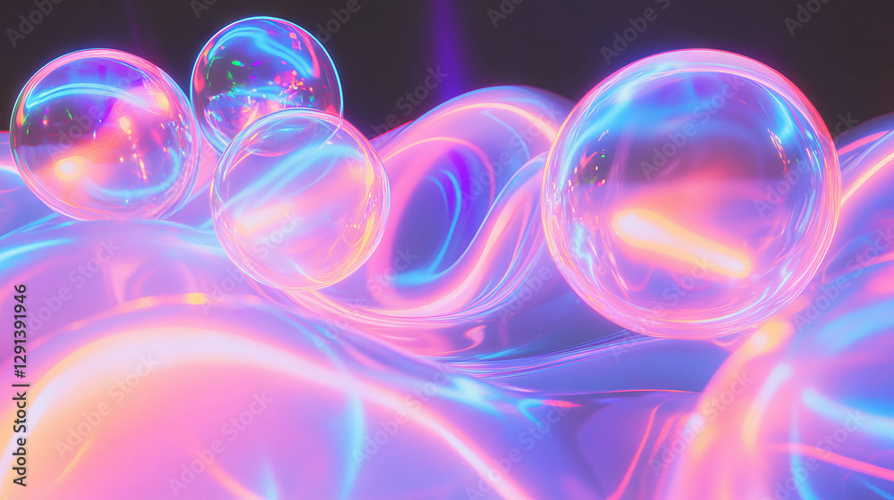 Poster Vibrant neon orbs and pulsating light waves for dynamic background design