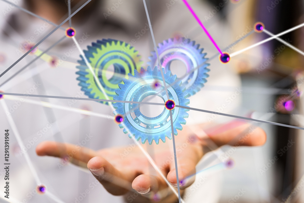Poster gear system data. Connecting lines and dots.Big data visualization  - 3d