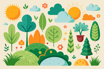Set Nature flat elements for the landscape composition isolated on a black background. Vector illustration.