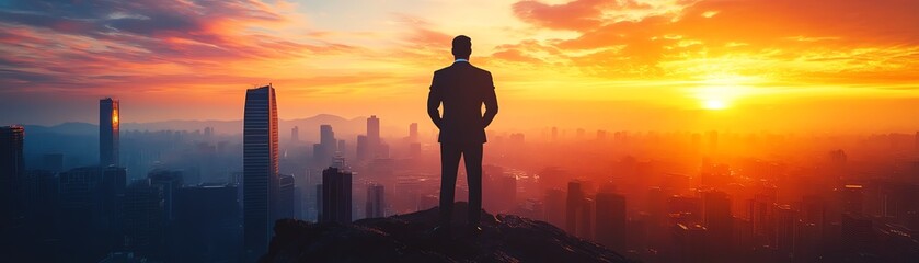 Fototapeta premium Dramatic silhouette of an executive standing on a cliffside