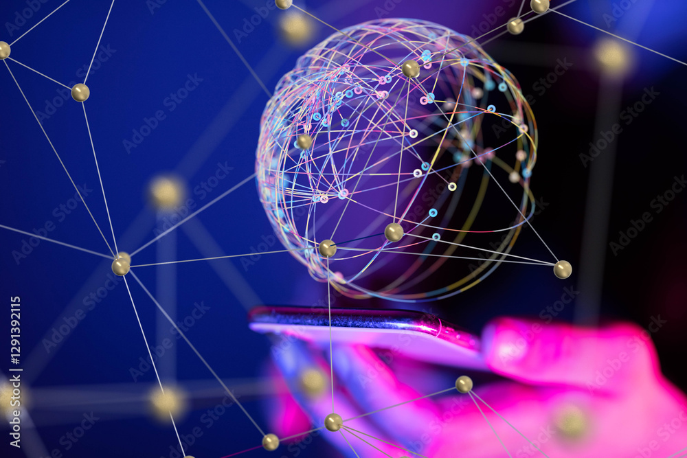 Aufkleber Global network. Blockchain. 3D illustration. Neural networks and artificial intelligence. Abstract