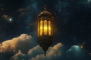 Obraz premium A beautifully lit traditional Ramadan lantern glowing in the night sky