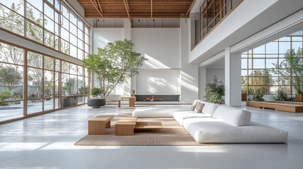 A minimalist factory with an open floor plan, white interiors, and seamless smart technology integration