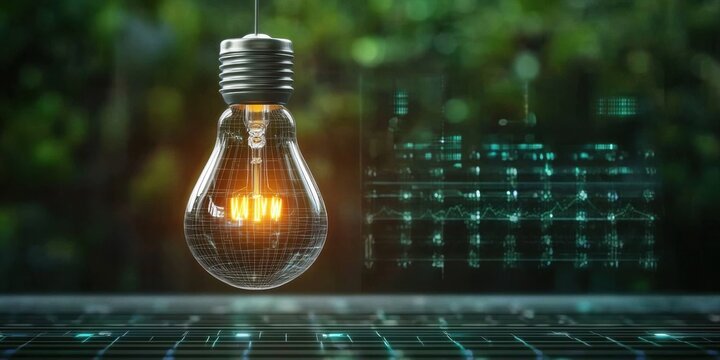 Illuminated light bulb with digital elements against a green background. - Powered by Adobe