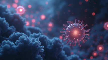 Obraz premium Microscopic view of virus surrounded by cellular structures, showcasing intricate details and vibrant colors, evoking sense of scientific