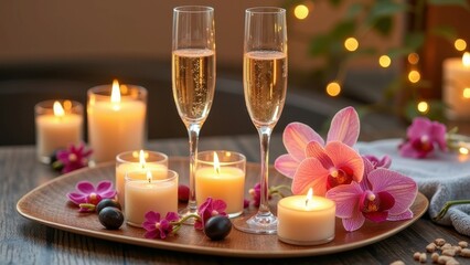 Romantic candlelit setting with champagne and orchids