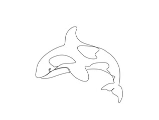 Continuous one line drawing of orca whale in the sea. Killer whale  in single line draw illustration. Editable stroke.