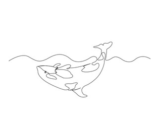 Continuous one line drawing of orca whale in the sea. Killer whale  in single line draw illustration. Editable stroke.