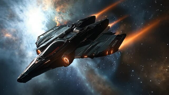 Abel spacecraft navigating through a vibrant deep space nebula with luminous propulsion flames, abel flight through deep space nebula
