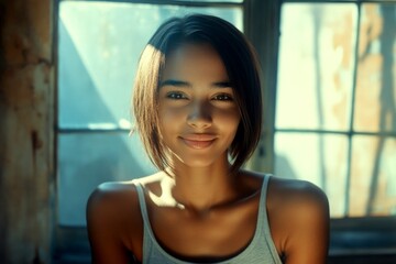 Pretty happy mixed-race girl - for ads, brochure and online marketing promotion use. Short coiffure - straight hair. Commercial marketing idea. Short hair shoot. African american style look.