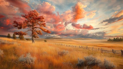 Obraz premium Autumnal landscape with vibrant sunset over a field
