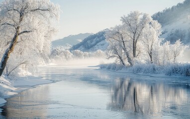 Frozen winter wonderland with frost-covered trees and icy rivers