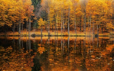 Golden autumn forest with vibrant leaves reflecting on a still lake