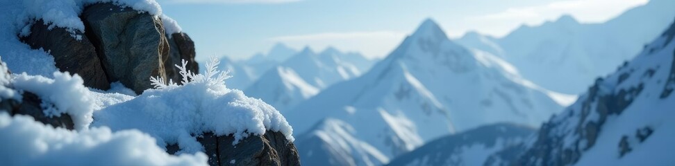 A delicate snowflake gently falls onto the rugged surface of the rocky slope, snowy mountains, peaceful atmosphere