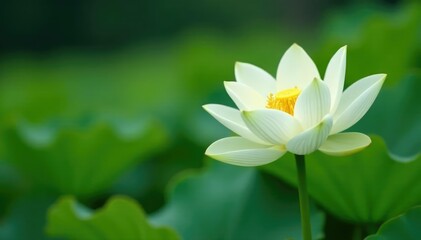Obraz premium A delicate white lotus lily rises from a bed of greenery, natural, lotus lily, single flower