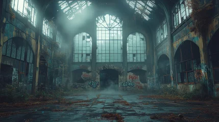Gordijnen Cinematic abandoned factory with shattered windows, graffiti-covered walls, and an eerie mist filling the empty halls © tong2530