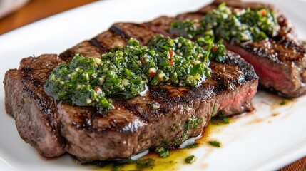 Smoky grill marks adorn the succulent steak, topped with a bright chimichurri sauce, its zesty aroma enhancing every bite.