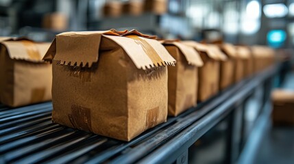 Brown paper packages on a conveyor belt in a busy warehouse, showcasing efficient packaging process
