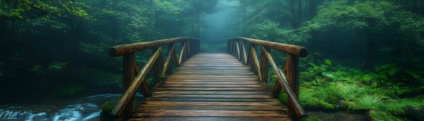 Obraz premium Bubbling stream flora conservation and growth wooden footbridge forest setting tranquil viewpoint