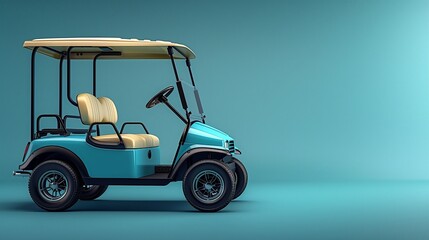 A stylish light blue golf cart with tan seats and a beige canopy parked against a simple blue background showcasing leisure and mobility