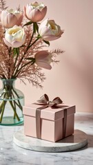Elegant pink gift box with bow and vase of flowers on marble surface