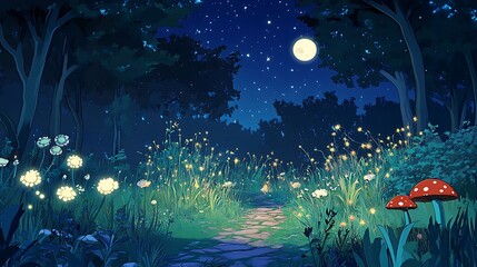 Enchanted Forest Path at Night: Digital Painting of Moonlit Meadow AI Generated