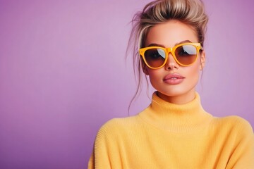 Fashion model wearing yellow sunglasses and sweater posing on purple background