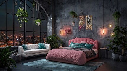 Nighttime City View from a Luxurious, 3D-Rendered Bedroom AI Generated