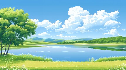Summer Lake Landscape with Green Trees and Blue Sky