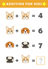 Fun Math Logic Puzzles for Kids. Math Game with Cute Dogs Pictures. Math Activities for Children. Addition for Kids.